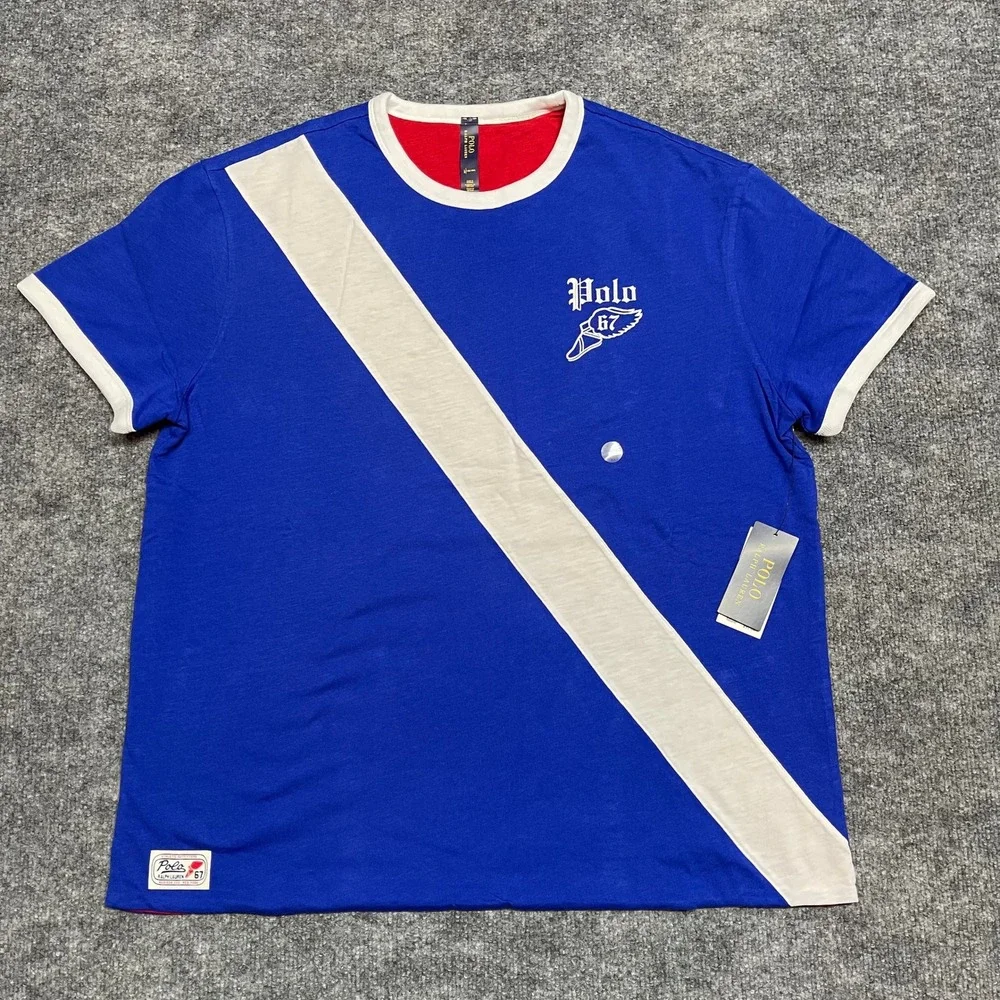 Polo Ralph Lauren Shirt Mens Large Blue Red Reversible Ringer Winged Foot NEW